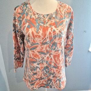 Jason Maxwell Medium Coral Aqua Abstract Embellished 3/4 Sleeve Top